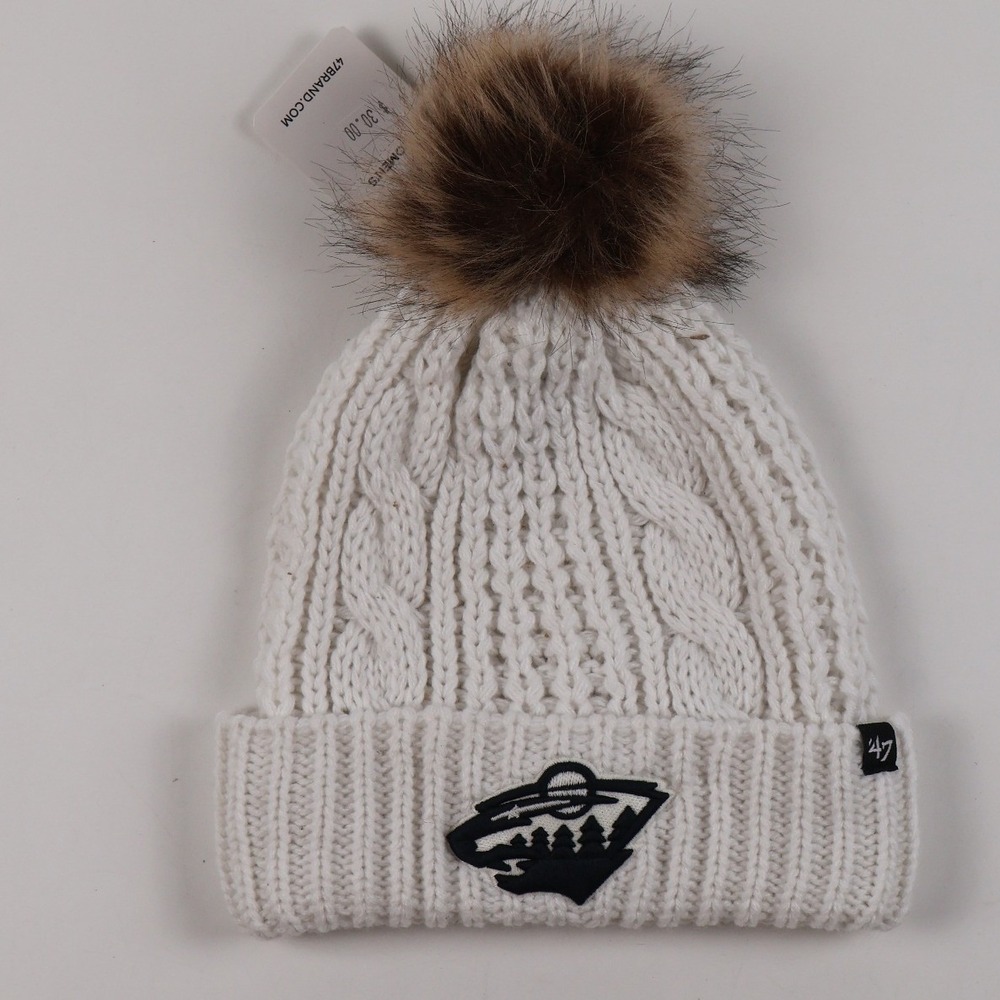 47 Brand Minnesota Wild Meeko Beanie Hat White Cable Knit Pom OS NWT